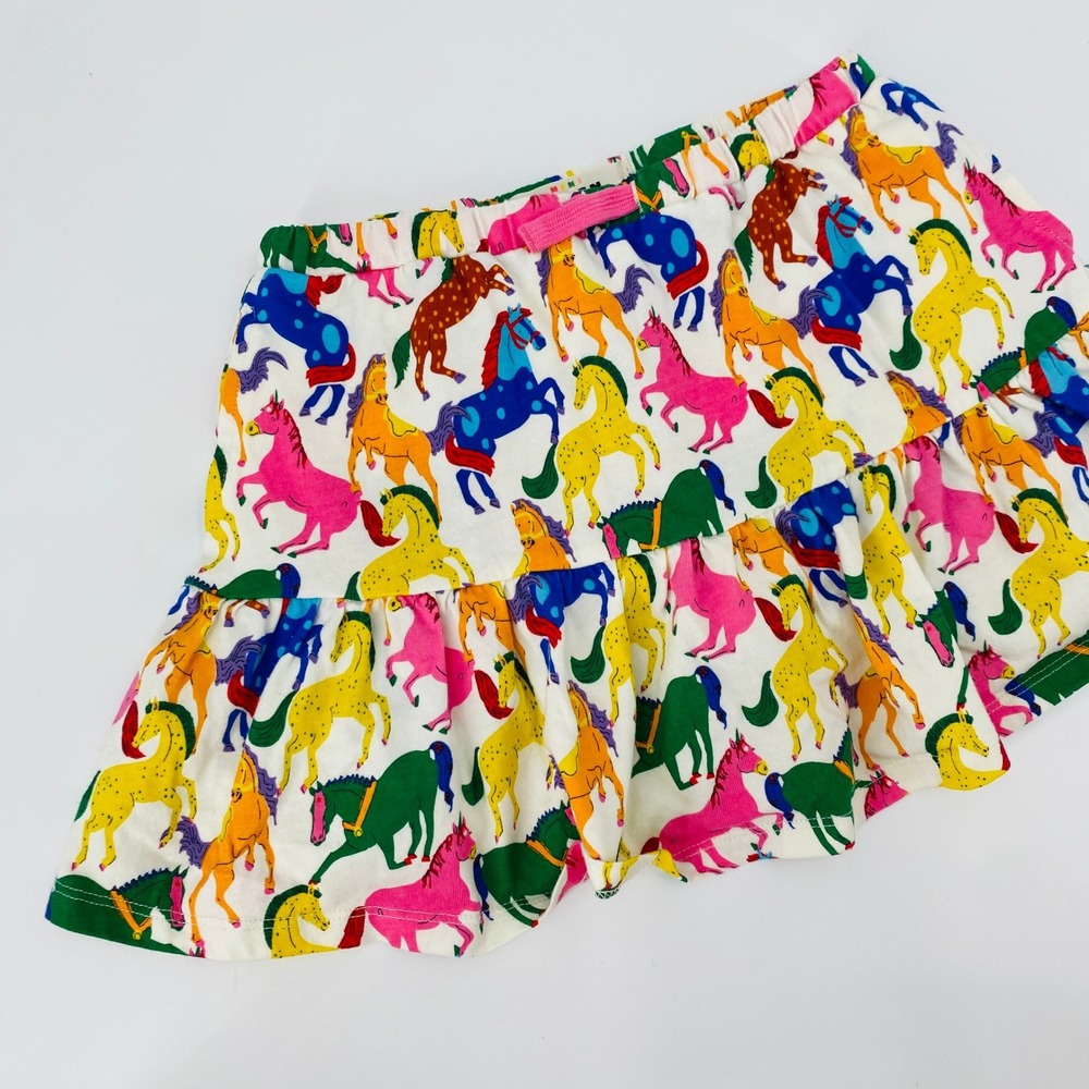 Mini Boden Skort Girls 7-8Y White Multi Horse Print Ruffle Skirt Shorts